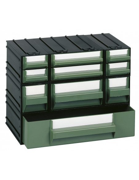 Cassettiera modulare con corpo nero e 10 cassetti verdi - Modello M