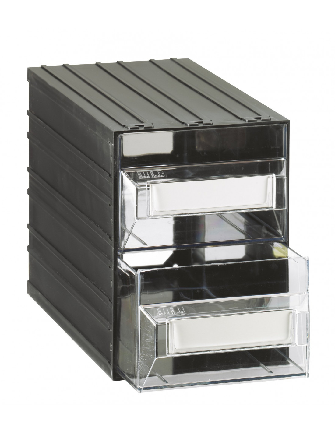 Cassettiera modulare realizzata in PST (Polistirene) ideale per contenere  minuteria. Corpo esterno nero e 2 cassetti trasparenti