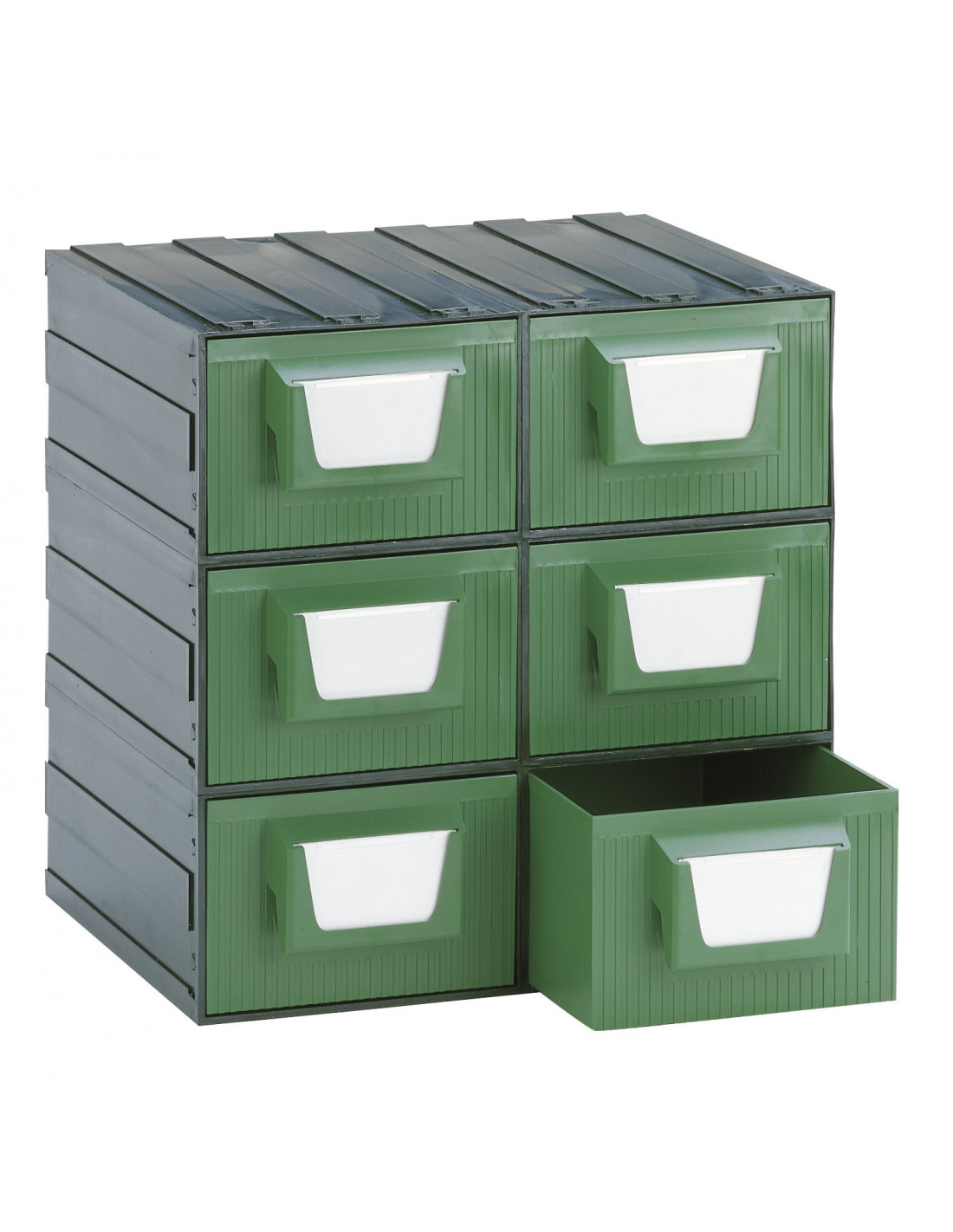Cassettiera modulare realizzata in PST (Polistirene) ideale per contenere  minuteria. Corpo esterno nero e 6 cassetti verdi.