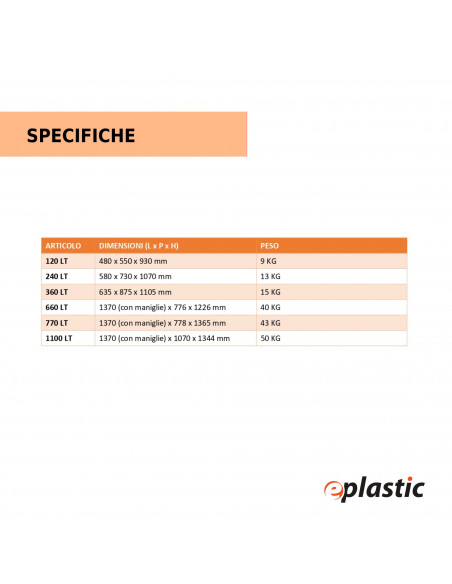 Cassonetto monocolore 770 litri con 4 ruote e coperchio piano per raccolta differenziata