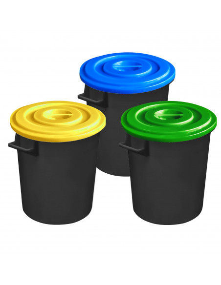 Kit 3 bidoni industriali neri per raccolta differenziata con coperchi colorati