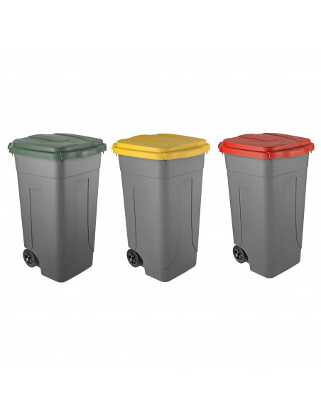 Set 3 bidoni 100 litri per raccolta differenziata - fondo grigio e coperchi colorati
