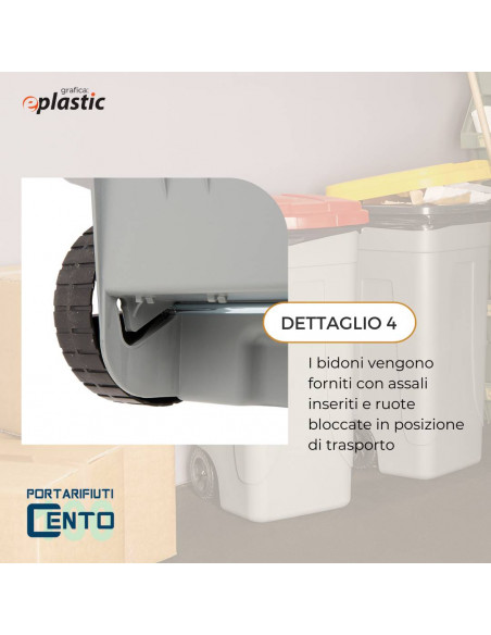 Set 3 bidoni 100 litri per raccolta differenziata - fondo grigio e coperchi colorati