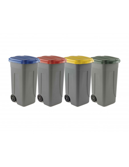 Set 4 bidoni 100 litri per raccolta differenziata - fondo grigio e coperchi colorati