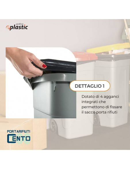 Set 4 bidoni 100 litri per raccolta differenziata - fondo grigio e coperchi colorati