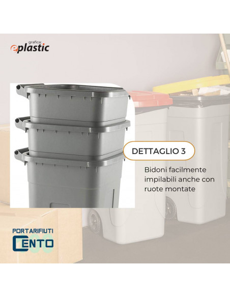 Set 4 bidoni 100 litri per raccolta differenziata - fondo grigio e coperchi colorati