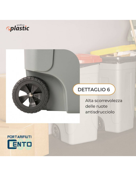 Set 4 bidoni 100 litri per raccolta differenziata - fondo grigio e coperchi colorati