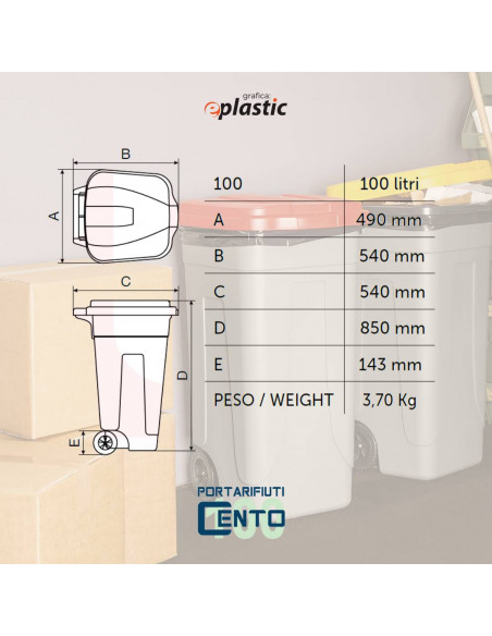 Set 4 bidoni 100 litri per raccolta differenziata - fondo grigio e coperchi colorati