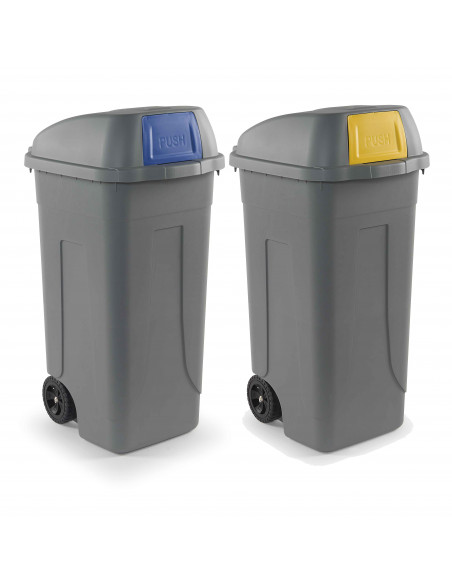 Set 2 bidoni 100 litri per raccolta differenziata - fondo grigio e alette basculanti colorate