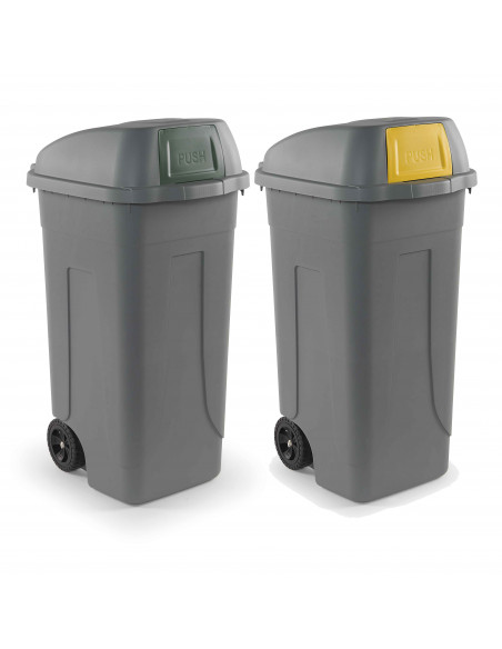 Set 2 bidoni 100 litri per raccolta differenziata - fondo grigio e alette basculanti colorate