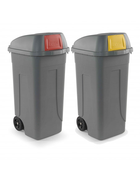 Set 2 bidoni 100 litri per raccolta differenziata - fondo grigio e alette basculanti colorate
