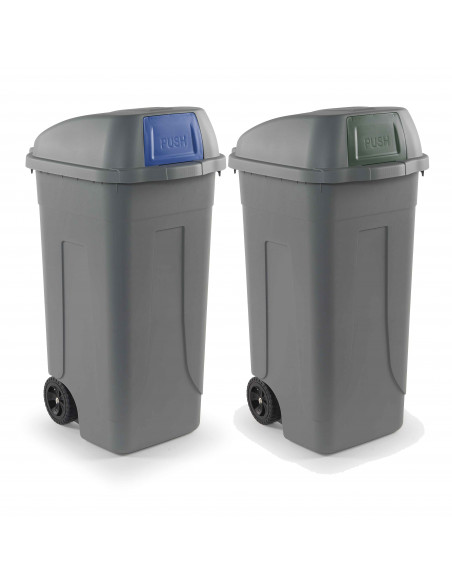 Set 2 bidoni 100 litri per raccolta differenziata - fondo grigio e alette basculanti colorate