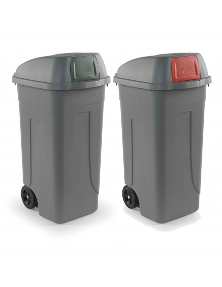 Set 2 bidoni 100 litri per raccolta differenziata - fondo grigio e alette basculanti colorate