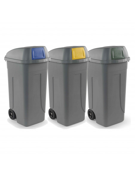 Set 3 bidoni 100 litri per raccolta differenziata - fondo grigio e alette basculanti colorate