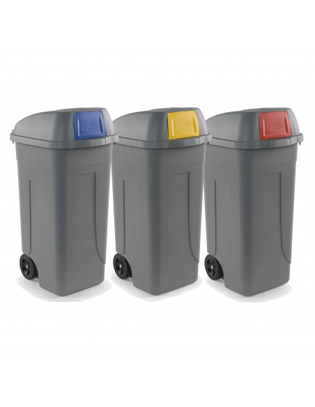 Set 3 bidoni 100 litri per raccolta differenziata - fondo grigio e alette basculanti colorate