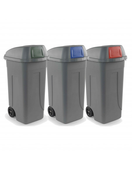  Set 3 bidoni 100 litri per raccolta differenziata - fondo grigio e alette basculanti colorate 