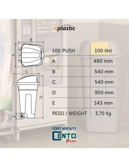 Set 3 bidoni 100 litri per raccolta differenziata - fondo grigio e alette basculanti colorate