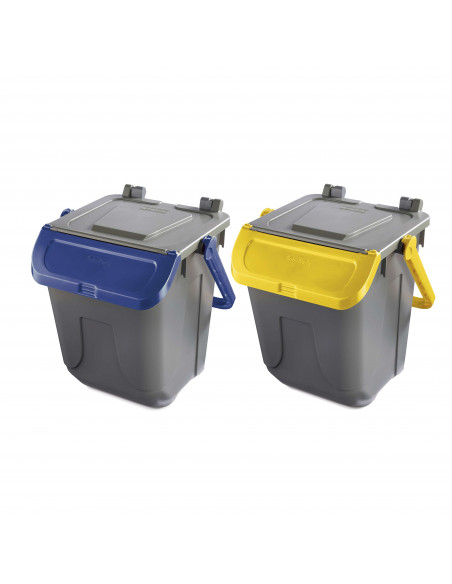 Set 2 bidoni 25 litri per raccolta differenziata - fondo grigio e coperchi basculanti colorati