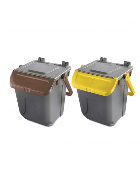 Set 2 bidoni 25 litri per raccolta differenziata - fondo grigio e coperchi basculanti colorati