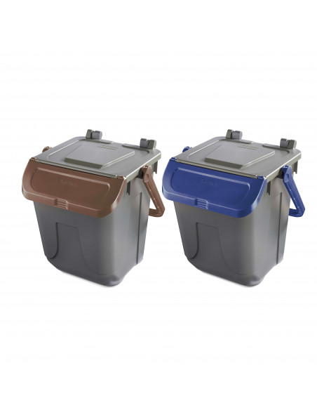 Set 2 bidoni 25 litri per raccolta differenziata - fondo grigio e coperchi basculanti colorati