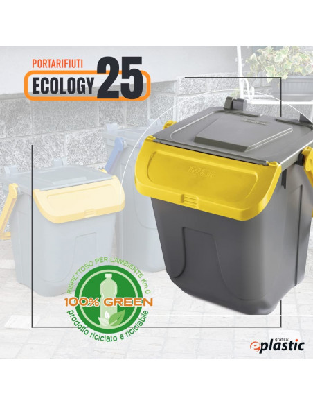 Set 2 bidoni 25 litri per raccolta differenziata - fondo grigio e coperchi basculanti colorati