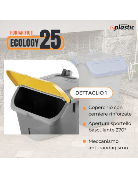 Set 2 bidoni 25 litri per raccolta differenziata - fondo grigio e coperchi basculanti colorati