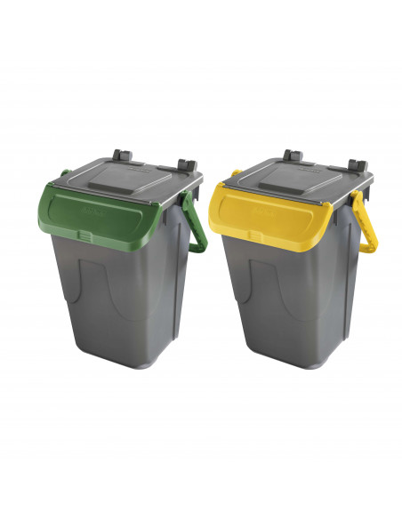 Set 2 bidoni 35 litri per raccolta differenziata - fondo grigio e coperchi con sportelli basculanti colorati