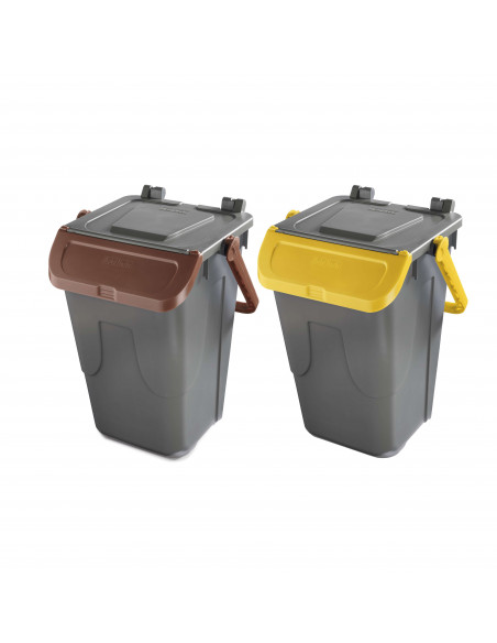Set 2 bidoni 35 litri per raccolta differenziata - fondo grigio e coperchi con sportelli basculanti colorati