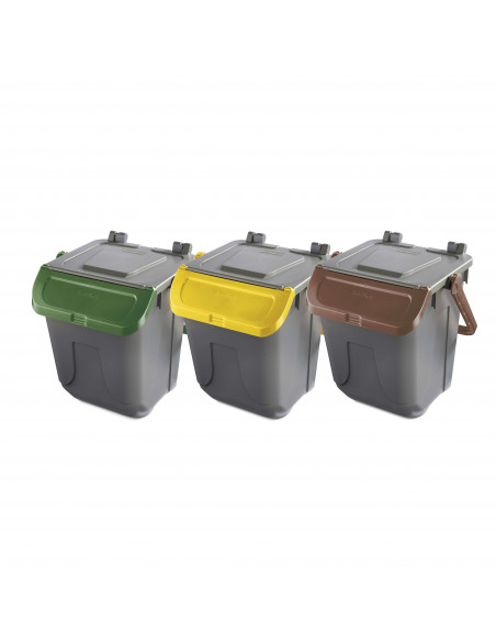 Set 3 bidoni 25 litri per raccolta differenziata - fondo grigio e coperchi con sportelli basculanti colorati
