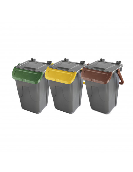 Set 3 bidoni 35 litri per raccolta differenziata - fondo grigio e coperchi con sportelli basculanti colorati