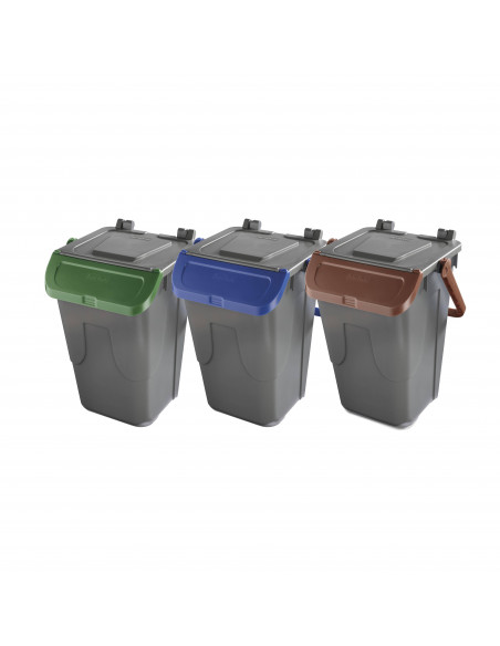 Set 3 bidoni 35 litri per raccolta differenziata - fondo grigio e coperchi con sportelli basculanti colorati