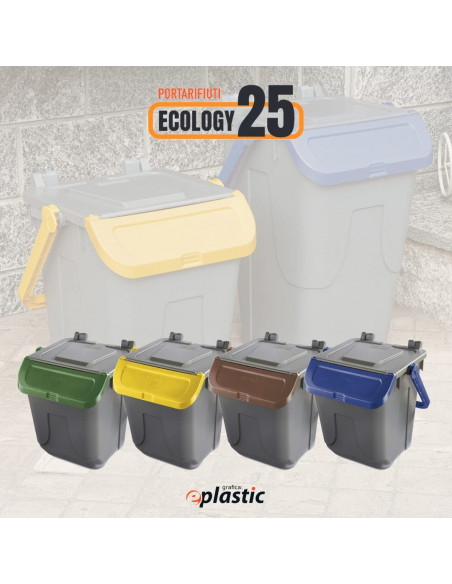 Set 4 bidoni 25 litri per raccolta differenziata - fondo grigio e coperchi con sportelli basculanti colorati