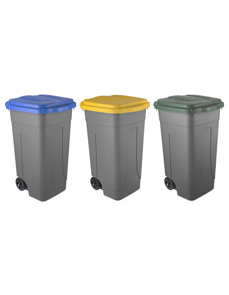 Set 3 bidoni 80 litri per raccolta differenziata - fondo grigio e coperchi colorati