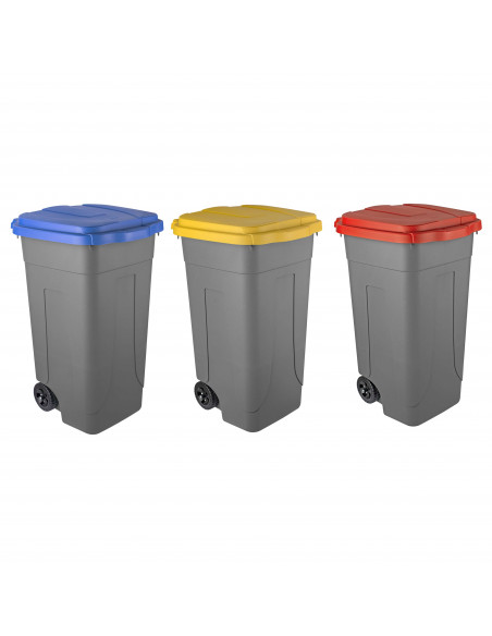 Set 3 bidoni 80 litri per raccolta differenziata - fondo grigio e coperchi colorati