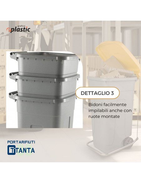 Set 3 bidoni 80 litri per raccolta differenziata - fondo grigio e coperchi colorati