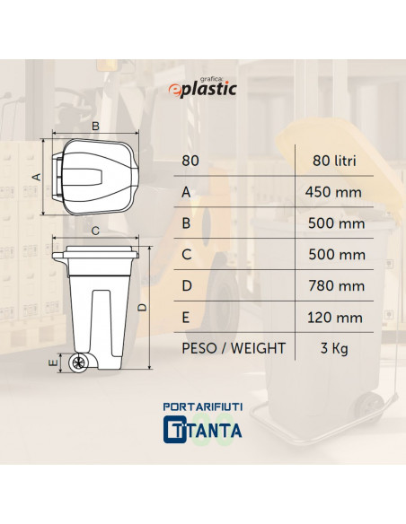 Set 3 bidoni 80 litri per raccolta differenziata - fondo grigio e coperchi colorati
