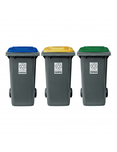 Set 3 bidoni 120 litri per raccolta differenziata - fondo grigio e coperchi colorati
