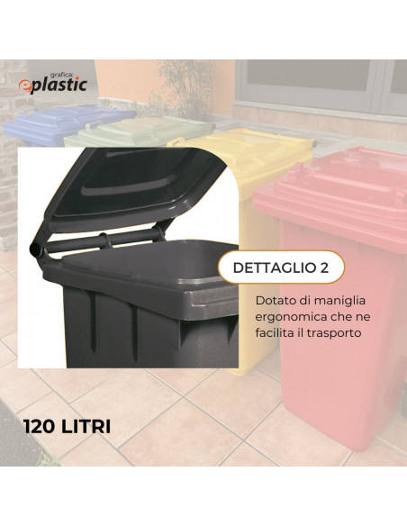 Set 3 bidoni 120 litri per raccolta differenziata - fondo grigio e coperchi colorati