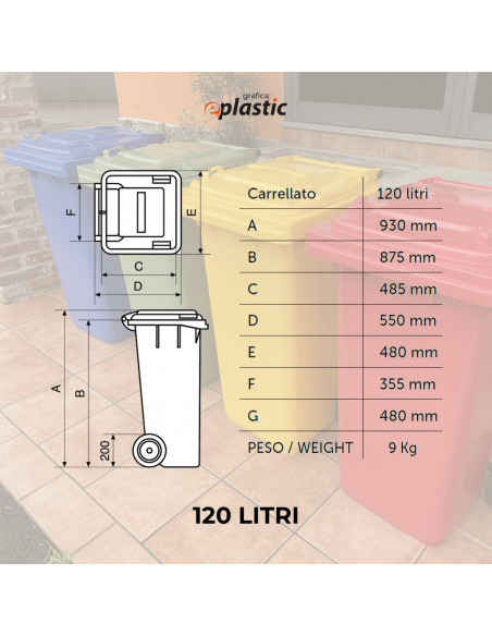 Set 3 bidoni 120 litri per raccolta differenziata - fondo grigio e coperchi colorati