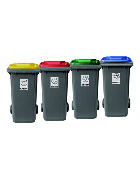 Set 4 bidoni 120 litri per raccolta differenziata - fondo grigio e coperchi colorati