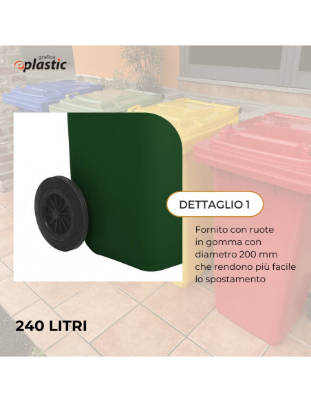 Set 2 bidoni 240 litri per raccolta differenziata - fondo grigio e coperchi colorati 