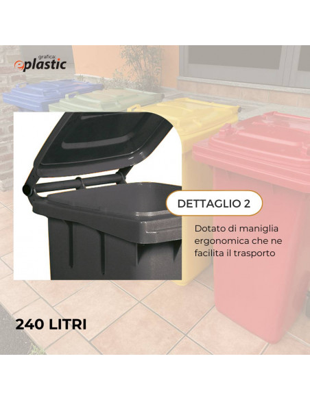 Set 2 bidoni 240 litri per raccolta differenziata - fondo grigio e coperchi colorati 