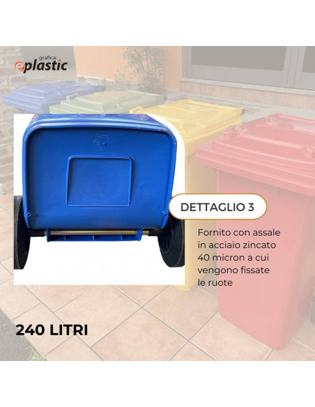 Set 2 bidoni 240 litri per raccolta differenziata - fondo grigio e coperchi colorati 