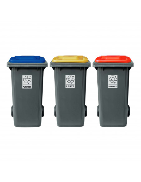 Set 3 bidoni 240 litri per raccolta differenziata - fondo grigio e coperchi colorati