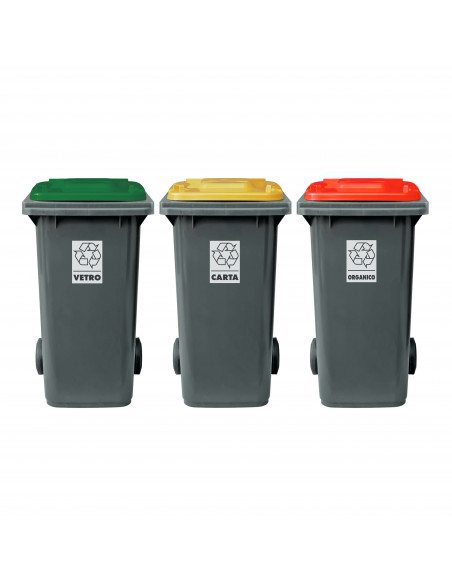 Set 3 bidoni 240 litri per raccolta differenziata - fondo grigio e coperchi colorati