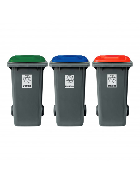 Set 3 bidoni 240 litri per raccolta differenziata - fondo grigio e coperchi colorati