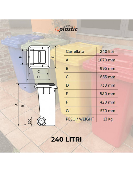 Set 3 bidoni 240 litri per raccolta differenziata - fondo grigio e coperchi colorati