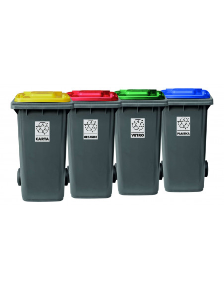 Set 4 bidoni 240 litri per raccolta differenziata - fondo grigio e coperchi colorati