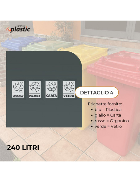 Set 4 bidoni 240 litri per raccolta differenziata - fondo grigio e coperchi colorati