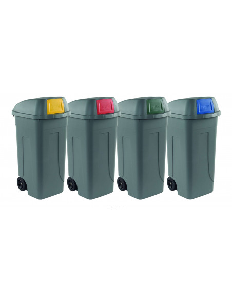 Set 4 bidoni 100 litri per raccolta differenziata - fondo grigio e alette basculanti colorate